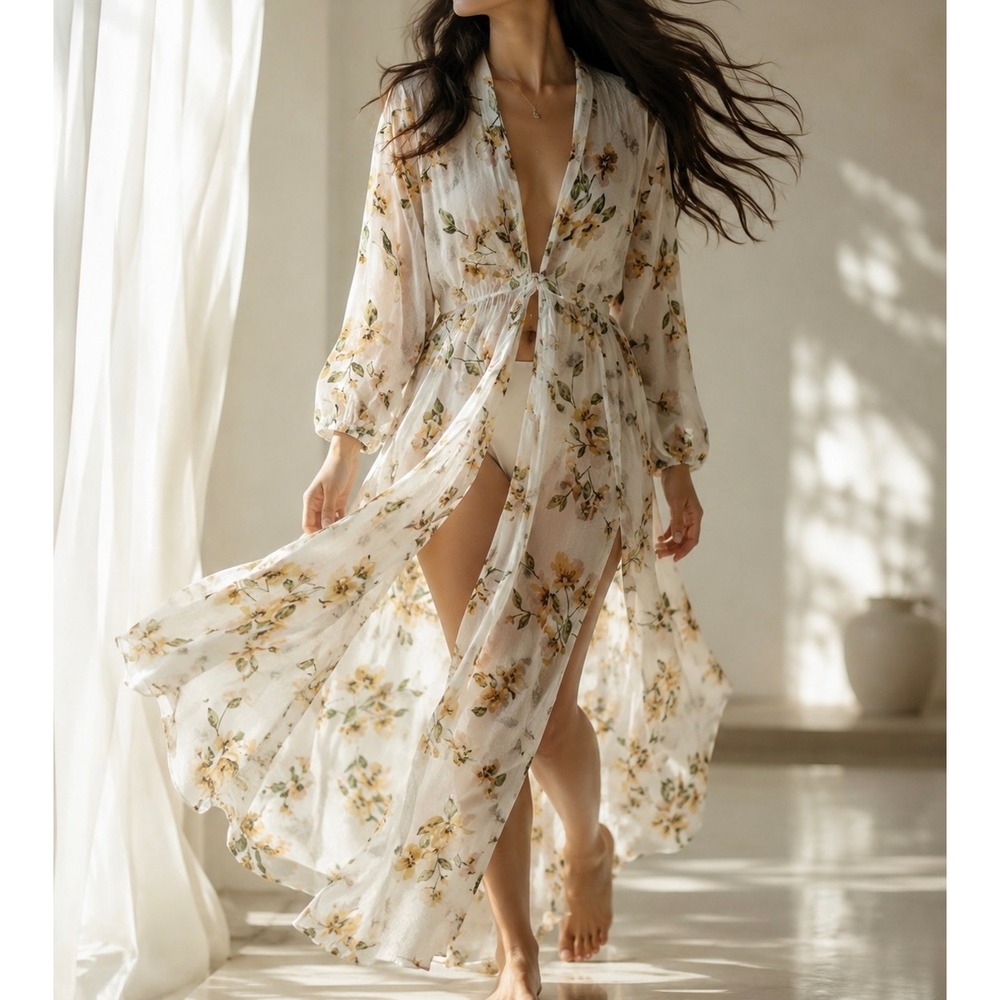 Ember Floral Duster Cardigan Women Large White Good Sheer Tie Front Boho S18208